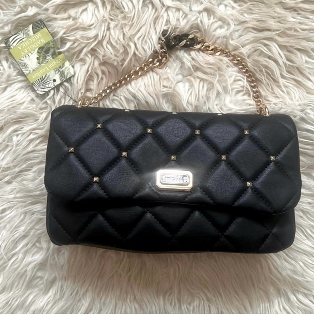 Badgley Mischka Black Quilted Crossbody Bag with Gold Chain